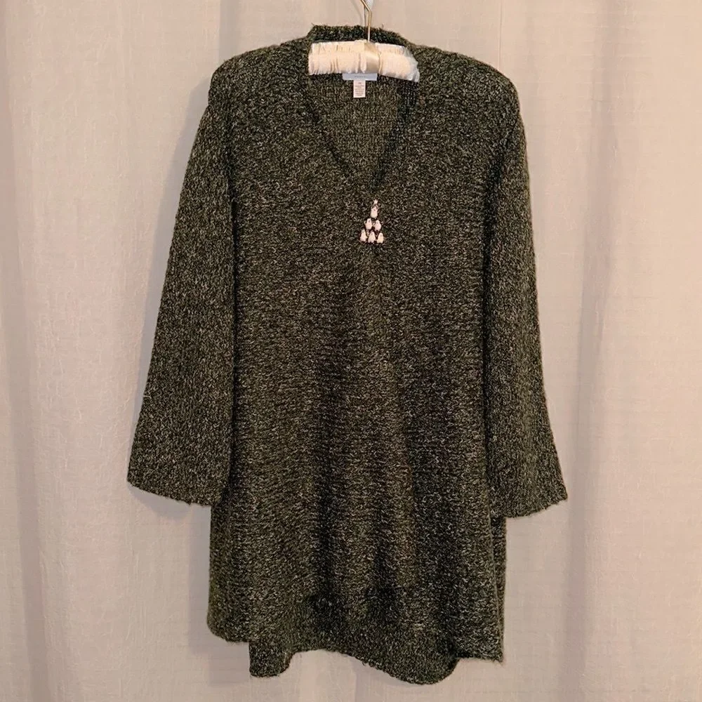 Charter Club 3X Horizontal Knit Wool Blend Winter Green Open Front Cardigan